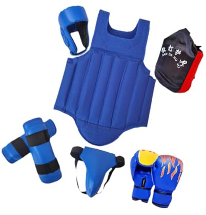 Set Protezione con Casco Ammortizzato Guanti Rinforzati Parastinchi Ergonomici Corpetto Offre comodità E Protezione Adatto per Arti Marziali, Blu S