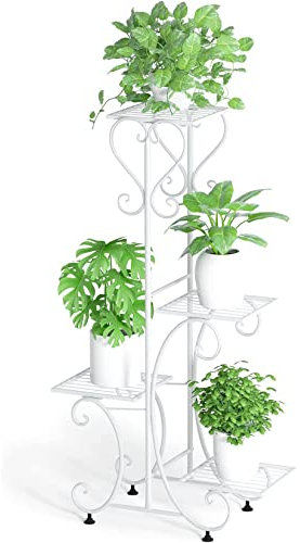 Wisfor Scaffale portafiori Ferro battuto Bianco Elegante, 4 Ripiani fioriera da Esterno, Porta Vaso da Interno, Porta Piante Verticale per Orchidee Balcone Giardino Alta 93,5cm