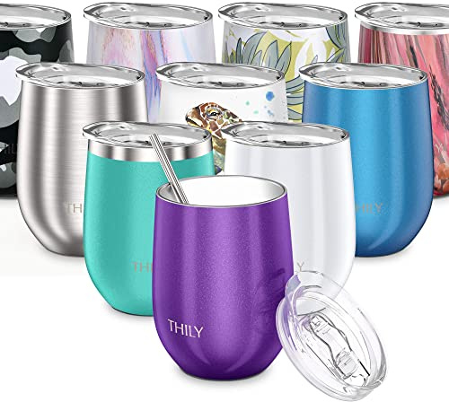 THILY Bicchiere da vino isolato sottovuoto senza stelo in acciaio inox a triplo isolamento con coperchio, cannuccia riutilizzabile, 340 ml, vino, caffè, cocktail, ragazze, viola