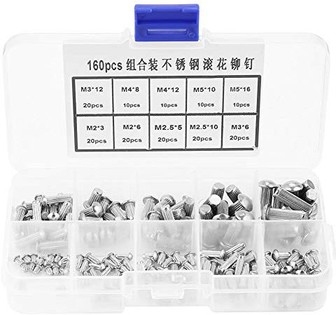 160pcs M2-M5 Solid Rivets Kit Stainless Steel Round Head Knurled Shank Solid Rivets Assortment Set with Storage Box