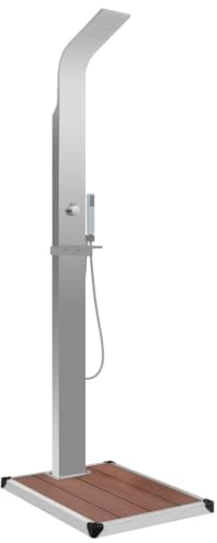 vidaXL Ducha de Jardín con Plato Sistema Protección Higiénica Duradera Panel con Base Resistente Multiuso Bonito Curvado Acero Inoxidable y WPC