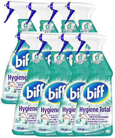 Biff Bad Total Hygienische Frische Badreiniger (8 x 750 ml), Bad Reiniger gegen Kalk & Schmutz, Sprühflasche, Kalkentferner für alle Oberflächen und hygienische Sauberkeit im ganzen Bad