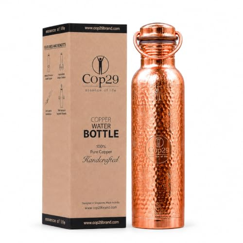 Cop29 Dual Hammered + Hand Engraved Premium Design Pure Copper Mira Glossy Water Bottle with Handle, 900ml/30Oz