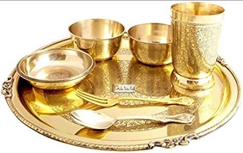 CRAFTING WITH LOVE A HANDMADE BEAUTIFUL BRASS HAMMERED THALI SET (SET OF 7 PIECES) 2 BOWLS,1 GLASS,1 SPOON, 1 PLATE,1 DESSERT PLATE,1 FORK