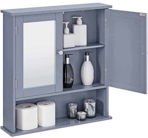 Yaheetech Armoire Murale de Salle de Bain, Placard de Rangement Toilettes 3 Niveaux, Étagères à Hauteur Réglable, 2 Portes et Miroirs, 56 × 13 × 58 cm Gris