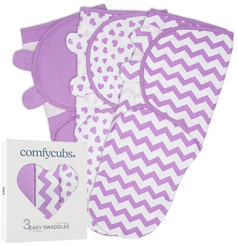 Comfy Cubs Easy Swaddle Blanket, 3er-Pack – 100% Baumwoll-Wickelset, klein für Säuglinge von 0 bis 3 Monaten, atmungsaktiver und strapazierfähiger Schlafsack, Geschenke für Neugeborene – Lila