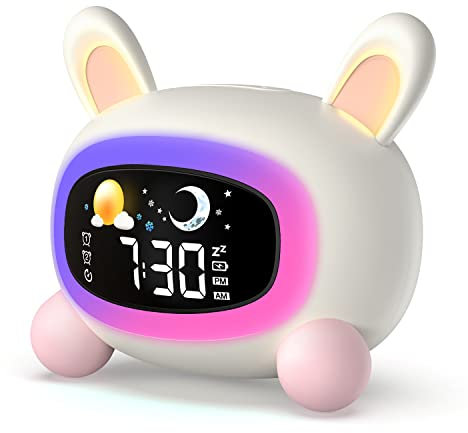 Lemnoi Kinder Lichtwecker, Kinderwecker mit Nachtlicht, Batteriebetrieben Kinder Schlaftrainer mit Snooze-Funktion, 4 Helligkeitsstufen und Buntem Licht, Digitaler Wecker für Kinder, Jungen, Mädchen