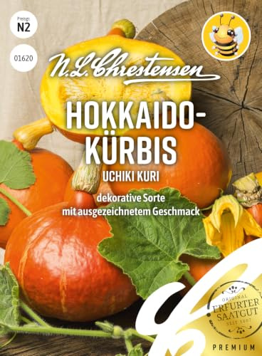 Chrestensen Hokkaido Kürbis Uchiki Kuri Samen, Orange | Essbare Schale, Nussiger Geschmack, 1,5kg Ertrag, Samenfest, Lagerfähig