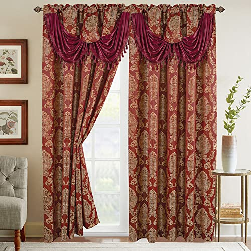 Elegant bekväm jacquard-look gardin panel set med bifogad vattenfallskrans, (set med 2), 137 x 213 cm, vinröd/guld