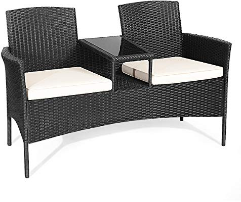 COSTWAY Polyrattan Gartenbank, 2-Sitzer Gartenmöbel Set mit Tisch & Kissen, 138 x 61 x 85 cm, Rattan Sitzbank wetterfest, Balkonmöbel für Garten, Balkon (Weiß)