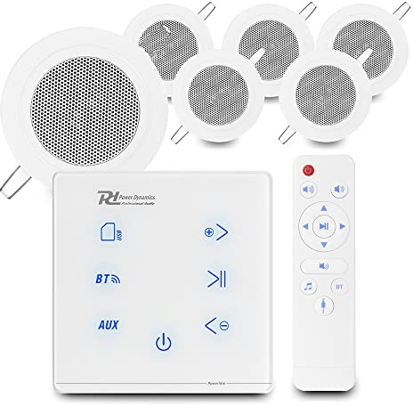 Power Dynamics Bluetooth Ceiling Speaker System, Compact Kitchen Audio Kit with In-Wall Amplifier, 6x Small 3-Inch CSBA3L Speakers and 40m Cable for Home Installation