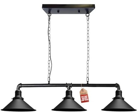 LEDSone Industrial 3-Light Pendant Ceiling Light Metal Adjustable Chain E27 Cone Shade Steampunk Hanging Fixture for Kitchen, Dining Room, Bar, Loft, Living Room (Black)