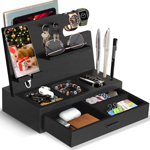 Megsooul Docking station per telefono in legno, organizer per comodino, regalo di Natale per uomini, papà, marito, supporto per telefono cellulare per scrivania con cassetto, regali da uomo, orologi,
