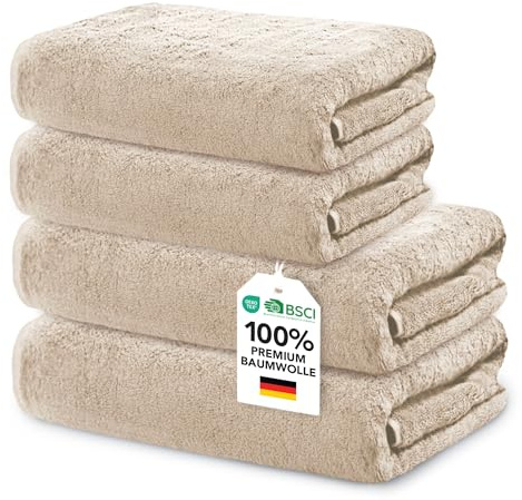 Ôhm Juego de Toallas de Baño 4 Piezas 100% Algodón 500 g/m² – 2 Toallas Ducha 70x140 + 2 Toallas Lavabo 50x100 – Alta Absorción – Beige – Oeko-Tex