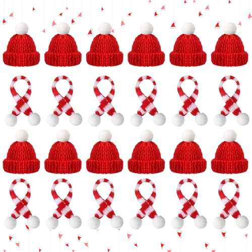 Funrelaxer 24 Stücke Mini Weihnachtsmütze und Schal Set, Mini-Strickmütze des Weihnachten, Kleine Weihnachtsmützen Set für Flaschen, hund und Puppen
