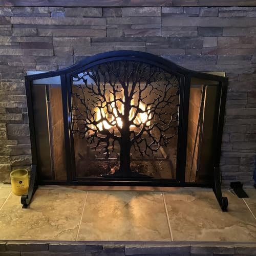 BBHW Fire Place Screen Flat Spark Guard Cover with Door, Black Durable Metal Fireplace Fence for Wood Burning Stove, Stand Alone Fire Place Screens, 96cm X 78cm