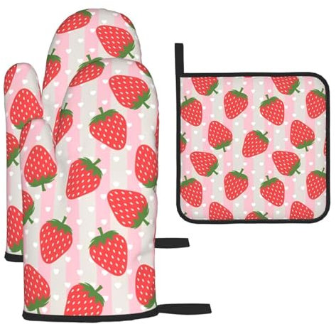 Set di 3 guanti anti-scottatura e presine alla fragola, per cucina, cottura e grigliata, regalo di Natale per la festa della mamma