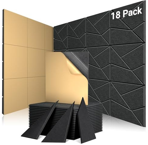 18 Stück Akustikplatten Selbstklebend, Akustik Schallabsorber Panels für Wand & Gaming Zimmer mit Liniendesign & Zuschneidbar | Acoustic Akustikplatte für Studio, Tür & Wall (Schwarz, 30x30x0,9cm)