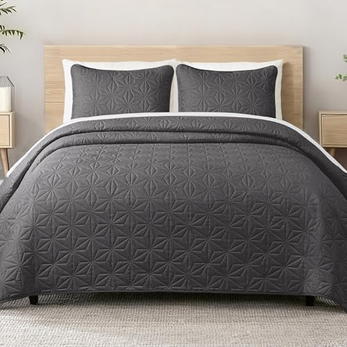 Whale Flotilla Tagesdecke Bettüberwurf 220x240 cm mit 2 Kissenbezüge | Weiche und Leichte Steppdecke, Bedspread mit Geometrischem Muster, für 4 Jahreszeiten, Grau