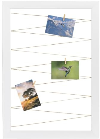 CLAMARO Neo Collage Bilderrahmen mit Fotoleine, 45x65 cm, Weiß Matt | 20 Holzklammern, Jutekordel, MDF-Rahmen 38 mm breit, Metall-Wandhalterung, ideal als Fotocollage oder Galeriewand