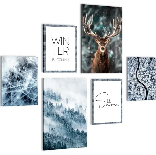 Novart Wandbilder Set Winter Hirsch Natur - KEIN EXTRA RAHMEN BENÖTIGT - Modern Deko - Wohnzimmer Schlafzimmer N001467a