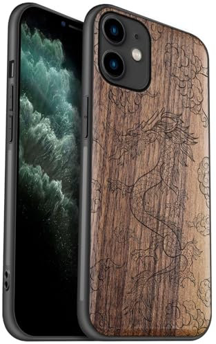 Carveit Coque en Bois pour iPhone 11 Étui Protection Artistique Cover TPU Souple de téléphone Antichoc Compatible avec Apple 11 Etui (Noyer-L'ascension du Dragon)