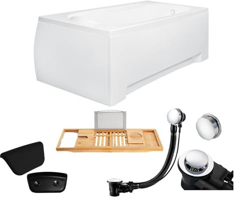 BADLAND Premium Set 6in1 Badewanne Rechteck Acryl Weiß Wanne BONA 160x70 cm, Made in EU + Acrylschürze + Bambus Badewannenablage + Nackenkissen, Moderne Design, mit Ablaufgarnitur und Füßen