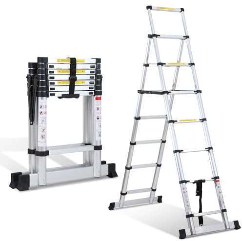 Yakimz Escalera telescópica plegable de aluminio, 2 m + 2,3 m, escalera multiusos de 6 + 7 peldaños, escalera de aluminio extensible, antideslizante, capacidad de carga de 150 kg
