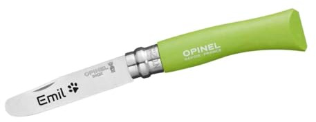 Opinel Mein erstes Taschenmesser mit Holzgriff | Kinder Schnitzmesser persönliche Gravur | vorne abgerundete Spitze | rostfrei | Virobloc | Geschenk (grün)