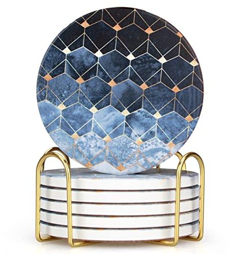 Vibiliyou Saugfähige Untersetzer, blaue Würfel-Untersetzer mit goldenem Halter, runde Getränkeuntersetzer, Set, Bauernhaus, Getränke, Stein, Tischuntersetzer, dekorativ, elegant, Bar-Untersetzer,