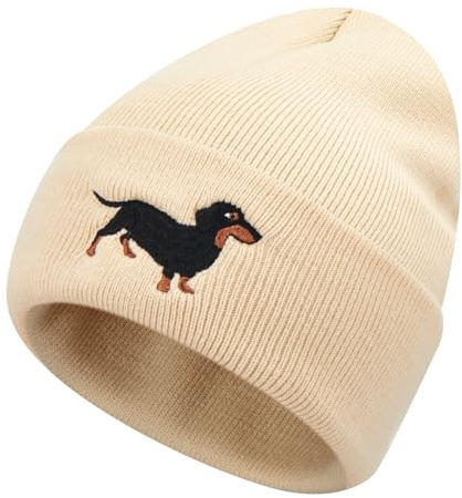 Geyoga Warme Weiche Wintermütze Winter Beanie Mütze Strickmütze mit Stickerei Kalte Mütze mit Hundestickerei Geschenk Strickmütze für Hundebesitzer(Beige,Süßer Dackel)