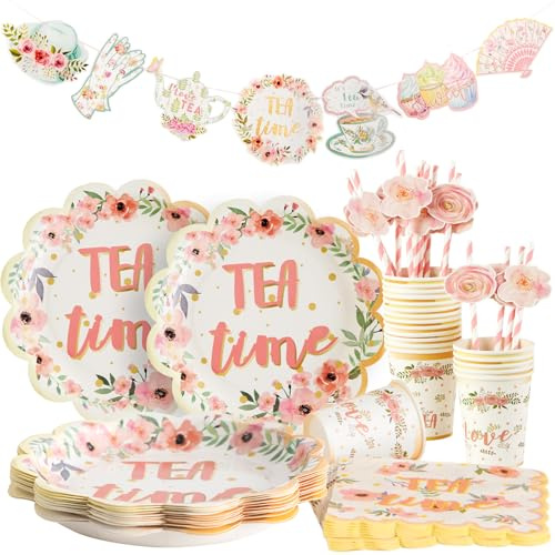 Easy Joy 97Pcs Afternoon Tea Party Tableware Set Garden Floral Party Paper Tableware Pastel Flower Paper Plates Cups Napkins Hanging Tea Cup Banner Garland for Birthday Tea Party Decor Serve 20 Guests