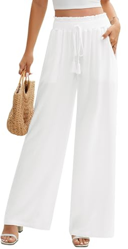 PASUDA Pantaloni Donna Estivi Cotone e Lino Pantalone Elastico a Vita Alta Eleganti Pantaloni Comodi Loose Lounge Pantaloni da Spiaggia con Tasche (Beige, M)