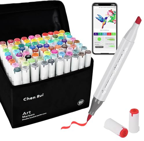 Chen Rui 80 colori con alcool pennarello con app, doppia punta (pennello e scalpello), pennarello alcool per adulti e bambini, marcatore alcolico per pittura, schizzi e disegni
