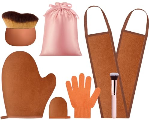 Acellegic 6pcs Self Tanning Mitt Applicator Kit Including Self Tanning Mitt and Brush, Body Brush, Back Applicator, Mini Facial Glove, Facial Tool, Exfoliating Glove(Brown)