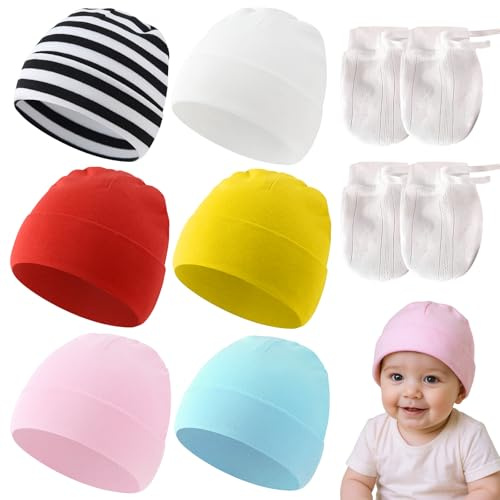 6-Piece Newborn Baby Hat & 2 Mittens Set | 100% Cotton Beanies for 0-3 Months Boys & Girls | Essential for Hospital Bag, Going Home Outfit & Newborn Photos