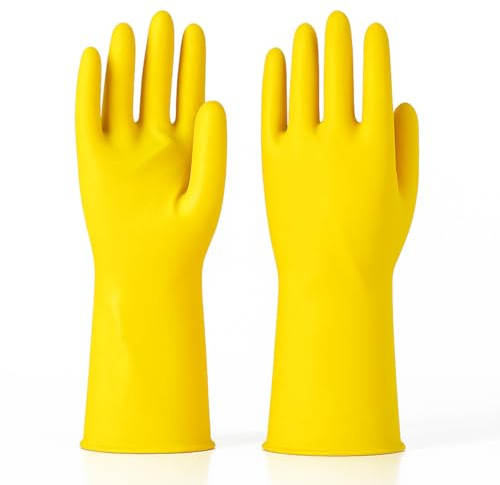 Household Rubber Gloves 2 Pairs Medium Flock Lined Kitchen Dishwashing Cleaning Gloves, Waterproof Non-Slip Grip Latex Washing Up Gloves
