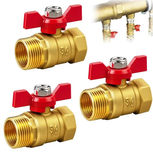 Messing Kugelhahn 3/4 Zoll 3 Stück Absperrhahn 3/4 Zoll mit Rotem Flügelgriff IG/AG DN20 PN16, Messing Absperrventil für Wasserleitungen Wasserhahn Sanitärschläuche