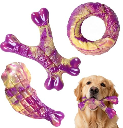 Mapneng Jouets à Mâcher pour Chiens, Lot de 3 Jouets Indestructibles pour Grands Chiens et Races Moyennes, Matériau en Nylon Durable pour Nettoyage Dentaire et Soulagement de l'Anxiété (Violet)
