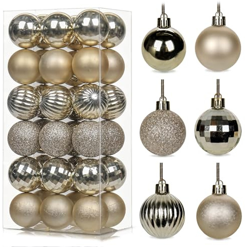 36Pcs Champagne Gold Baubles for Christmas Tree,4cm Mini Shatterproof Plastic Christmas Balls Ornaments with Strings,6 Design Xmas Baubles Hanging Balls for Xmas New Yew Wedding Holiday Party Decor