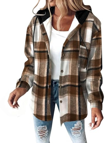 Veste à carreaux pour femme à manches longues boutonnée en polaire à capuche décontractée bloc de couleurs manteau chaud à carreaux automne hiver manteaux rembourrés