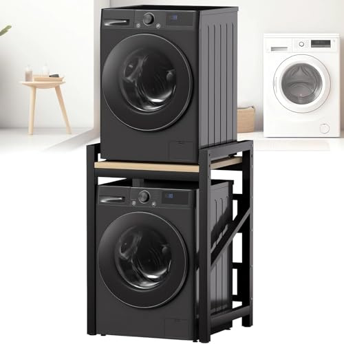 RsxPtyxagoros Washer Dryer Stand Stacking Kits, Height Adjustable Tumble Dryer Stand, Stacking Kit with 400KG Load Capacity for Balcony Laundry (Black and Walnut)