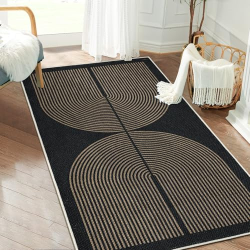 Capslpad Runner Rug for Entryway 80x150cm Non-Slip Hallway Carpet Runner Washable Jute Look Rug Kitchen Runner Durable Floor Area Rug Runners for Living Room Bedroom Balcony Corridor, Brown Black