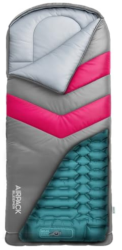 RANGLAND Kids Sleeping Bag with Built-in Pad and Foot Pump (Fits Up to 4'6) All-in-One Inflatable Mattress for Sleepovers, Camping and Travel (Gray/Pink)