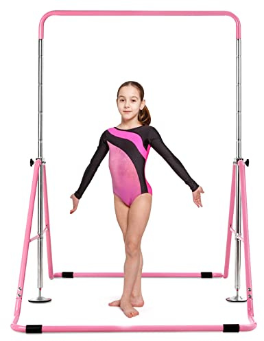 GOPLUS Faltbare Gymnastikstange, Reckstange Kinder mit Verstellbarer Höhe und dreieckigem Metallrahmen, horizontale Turnstange Indoor rutschfest, für zuhause Training (Rosa)