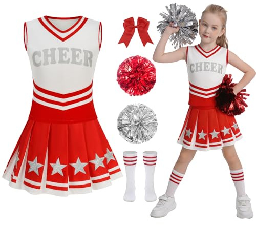 yolsun Cheerleader Costume for Girls Cheerleading Uniforms Halloween High School Party Star Cheer Leader Outfit (Red, 8-9 Years)