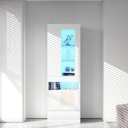 QXJVA Vitrinskåp, vit högglans med LED – 50 x 40 x 180 cm – stående vitrinskåp och bokhylla, modern, halvöppen högskåp med glasgolv – smalt hyllskåp för vardagsrum