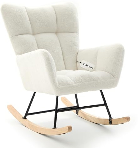 Allyson® Schaukelstuhl Relaxsessel, Flauschiger Lesesessel & Stillsessel, Schaukelsessel mit Armlehnen aus Holz, ideal für Wohnzimmer, Garten & Balkon - Weiß