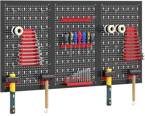 HOMCOM 3 Paneles de Herramientas de Pared, 28 Piezas, cada panel 60x40 cm, Organizador de Herramientas de Pared con Ganchos y Estantes, para Garajes y Bricolaje, Negro y Rojo