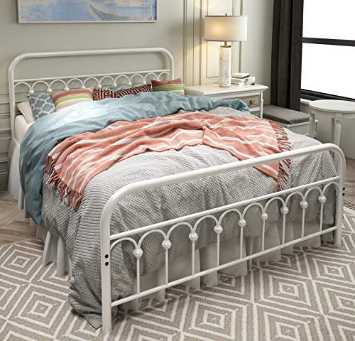 TUSEER Metal Bed Frame Queen Size with Vintage Headboard and Footboard Platform Base Wrought Iron Bed Frame (Queen,White)